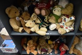 Two shelves of mixed vintage Teddy Bears and Animals including Ralph Lauren, Green Mountain, SP