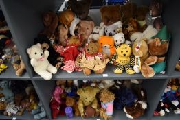 Two shelves of mixed vintage Teddy Bears including Chad Valley Honey Bear, Herman, Russ, TY etc