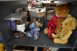 Three modern Giorgio Teddy Bears in display boxes, Norbeary jointed Teddy Bear having blue mohair, a