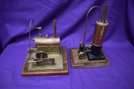 Two Copper and Brass Live Steam plants, horizontal and vertical boilers, single piston, both on wood