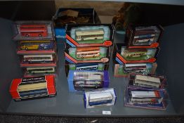 Fifteen Corgi, EFE and similar diecast buses, all in presentation boxes