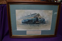 A framed print after David Shepherd, The East Somerset Railway, Black Prince And The Green Knight On