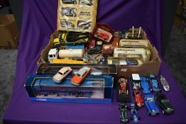 Two boxes of mixed vintage diecasts including Dinky Packard Clipper 160 and Vauxhall Cresta 164,