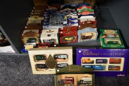 A shelf of approx Fifty modern diecasts including Majorette Cabrury Collection boxed set, Harrods,
