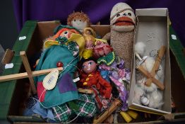 A collection of mixed vintage Puppets, Dolls and hand stitched bears including Pelham Poodle with