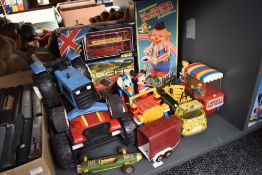 A box of mixed toys including Solido London Buses, boxed, Tonka Tractor, Fu Shin Toys Mr Bob, boxed,