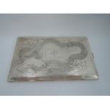 A Chinese silver cigarette case of rectangular form having engraved dragon decoration to front