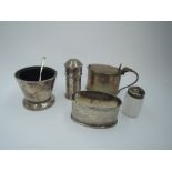 Five HM silver condiment items including salts, pepperette & mustard pot , one glass liner