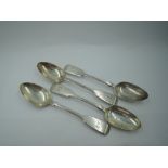 Four Victorian silver teaspoons of fiddle back form bearing monogram AP to terminals, London 1850,