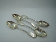 Four Victorian silver teaspoons of fiddle back form bearing monogram AP to terminals, London 1850,