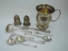 A selection of HM silver including cruet set, flatware and a small silver mug of baluster form