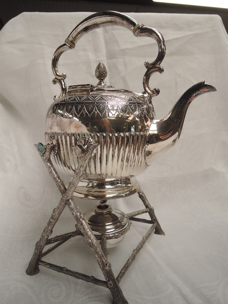 A Victorian Sheffield plate spirit kettle with burner and stand and a silver plated table gong of - Image 2 of 3