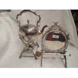 A Victorian Sheffield plate spirit kettle with burner and stand and a silver plated table gong of