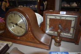 Two art deco mantle clocks one having geometric design and similar Napoleonic style