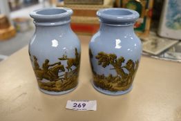 A pair of blue glaze transfer printed bottles having Victorian lozenge to base