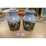 A pair of blue glaze transfer printed bottles having Victorian lozenge to base