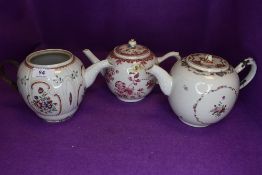 Three antique late 18th porcelain teapots each having hand decorated enamel scenes and historic