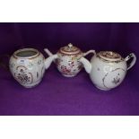 Three antique late 18th porcelain teapots each having hand decorated enamel scenes and historic