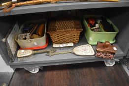 A miscellany of items including dressing table items, sewing basket, shoe brushes and more.