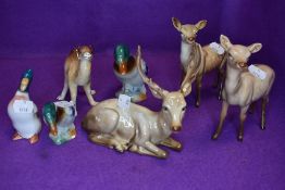 Four Beswick studies, Doe 999A x2. Stag, lying 954 (af) and Duck 919A along with two similar studies