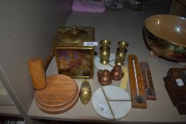 A selection of brass ware including vase pair and teacaddy