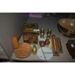 A selection of brass ware including vase pair and teacaddy
