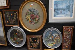 A selection of mixed embroidery needle work and collage some including antique example