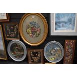 A selection of mixed embroidery needle work and collage some including antique example