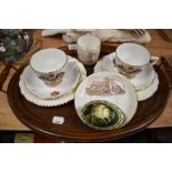 An antique wooden tray and a selection of commemorative ware.