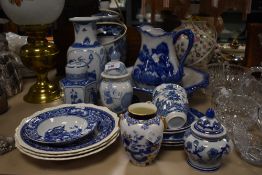 A selection of cblue and white wear ceramics including Royal Albert Crown china vase and lamp base