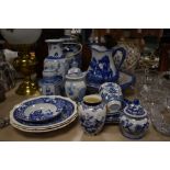 A selection of cblue and white wear ceramics including Royal Albert Crown china vase and lamp base