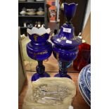 Two blue glass mantle garniture set in fine condition having crystal glass cut lustre droplets