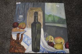 An acrylic still life on canvas, signed BA Moorby to rear.