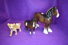 Three Beswick studies, Shire Mare, brown, model no 818, Shetland Pony, brown, model no 1033 and Lion