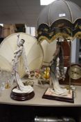 Two art deco designed figural lamp bases by Cappodimonte and similar lamp