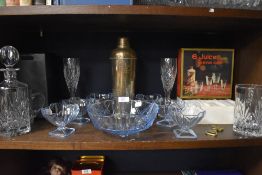 A mixed lot of items including vintage blue glass fruit set, cocktail shaker,Thomas Webb decanter