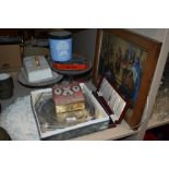 An assorted lot containing vintage dominos, glass cake stands, old hall bon bon dish in box and