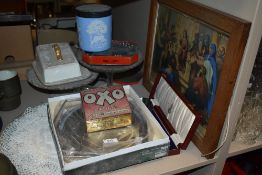 An assorted lot containing vintage dominos, glass cake stands, old hall bon bon dish in box and