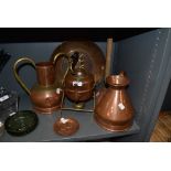 A collection of copper including kettle with stand, platter,jug and urn.