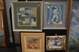 A selection of prints and needle work including wool sampler