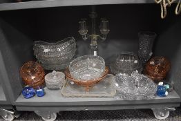 A selection of clear cut and pressed glass including colour examples