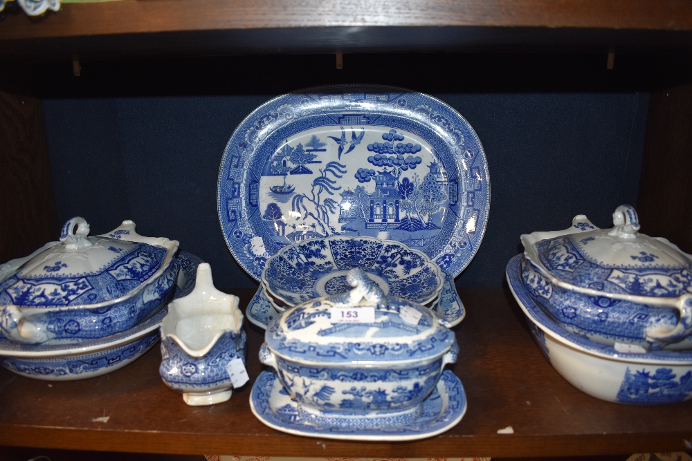 A mixed lot of blue and white ware including tureens and platters.