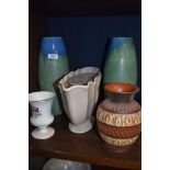 A mixed lot of ceramics, including vintage rose bowl and two tall blue and green vases.