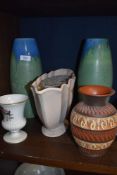 A mixed lot of ceramics, including vintage rose bowl and two tall blue and green vases.