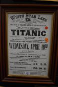 A reproduction white star line poster for the Titanic framed and glazed