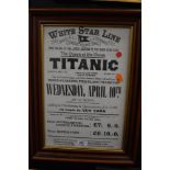 A reproduction white star line poster for the Titanic framed and glazed