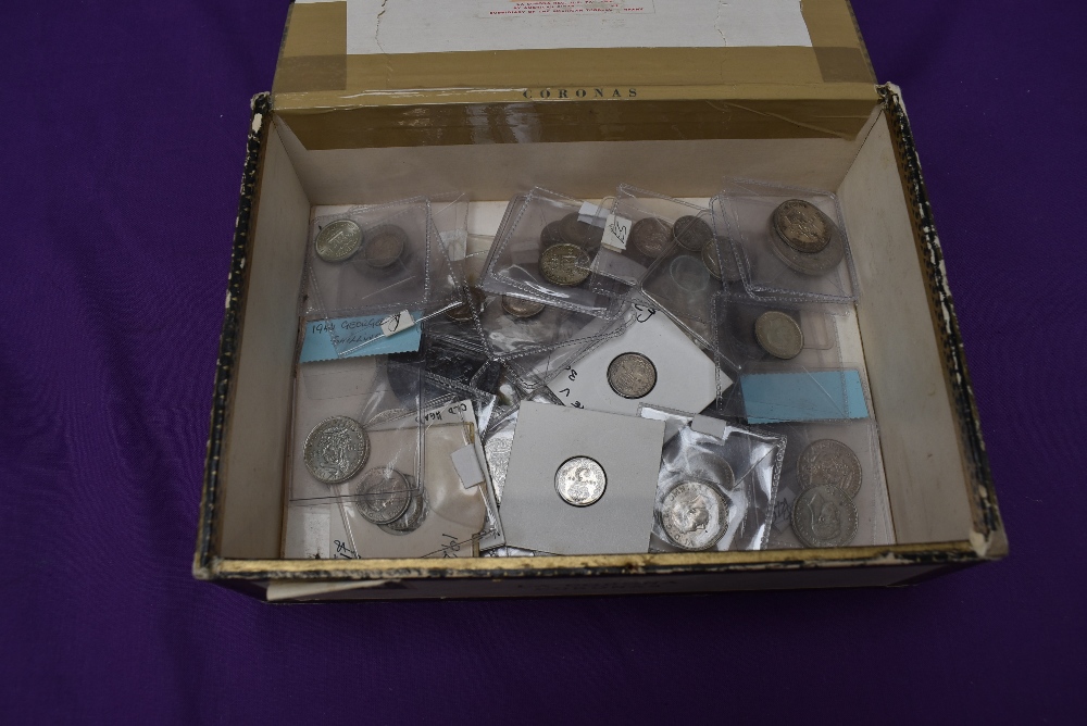 A Cigar Box containing a collection of mainly GB Silver Coins including Queen Victoria 1844 Crown,