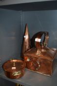 A selection of copper wares including canal barge kettle and copper scoop