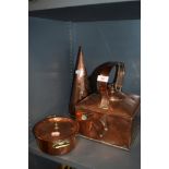 A selection of copper wares including canal barge kettle and copper scoop