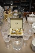 A selection of glass, including cut glass, decanters and a jug.